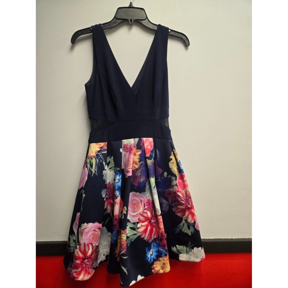 Xscape Womens Floral Fit & Flare Cocktail Dress 6 Navy Pink Wedding Guest Midi